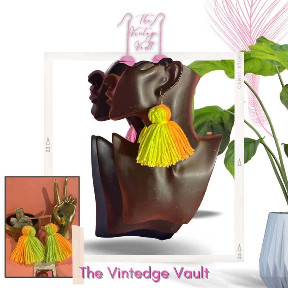 NEW Bohemian Crochet Bright Neon Tassel Ombré Lime Orange earrings